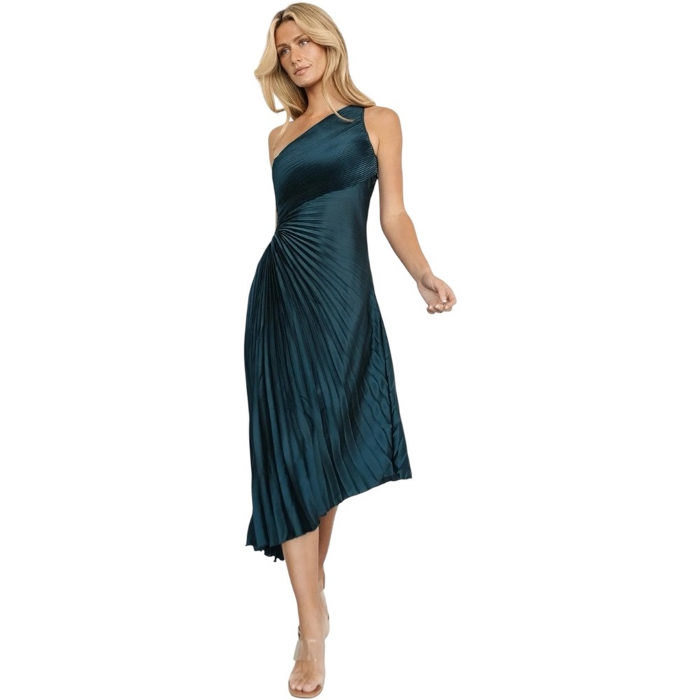 Baltic Born Teal One-Shoulder Pleated Midi Dress